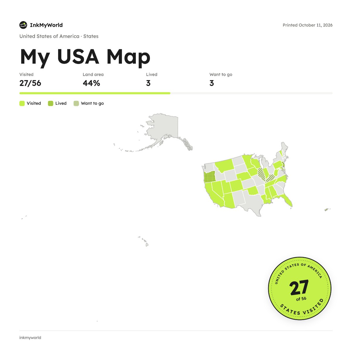 Example us states visited map made with InkMyWorld