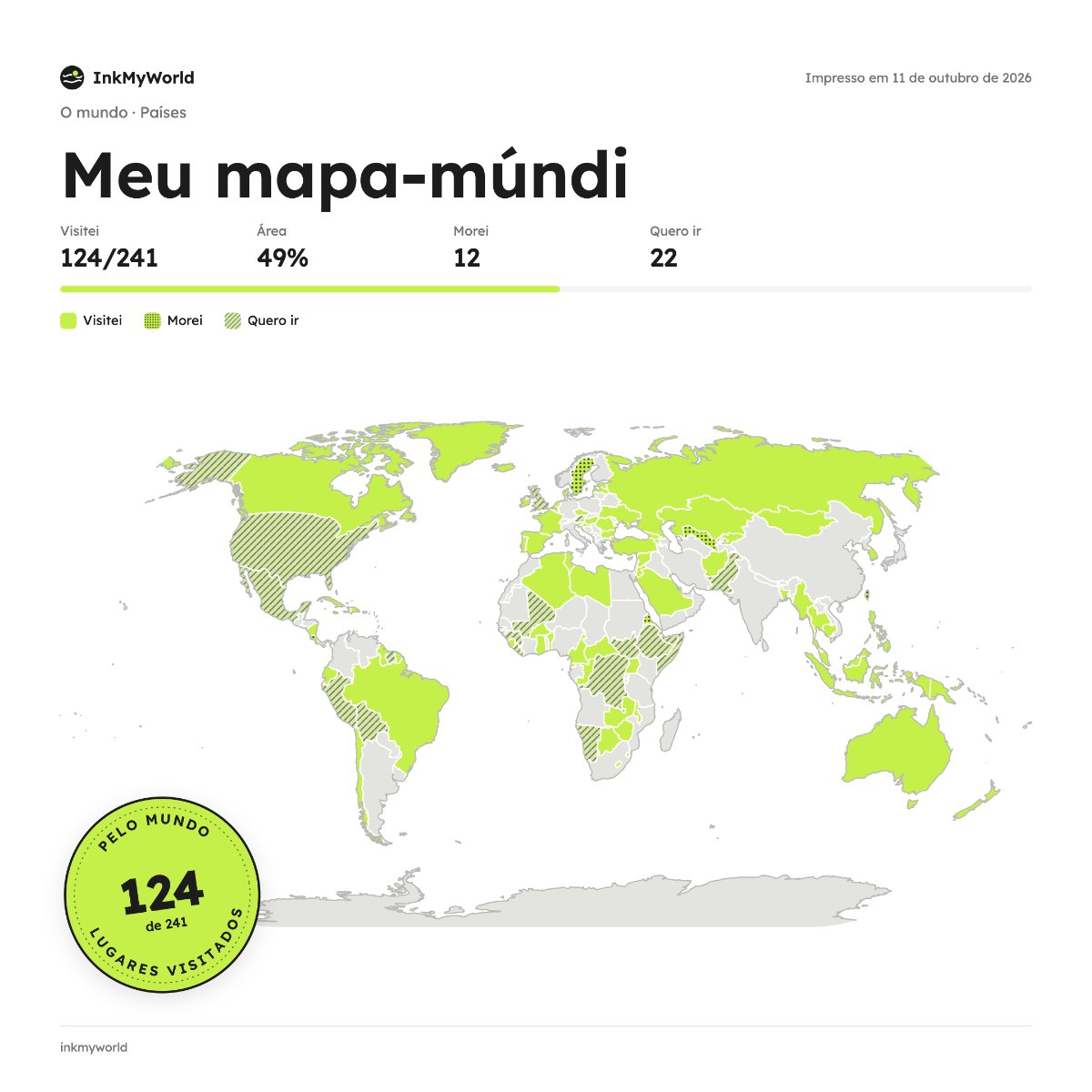 Mapa de países visitados feito com o InkMyWorld